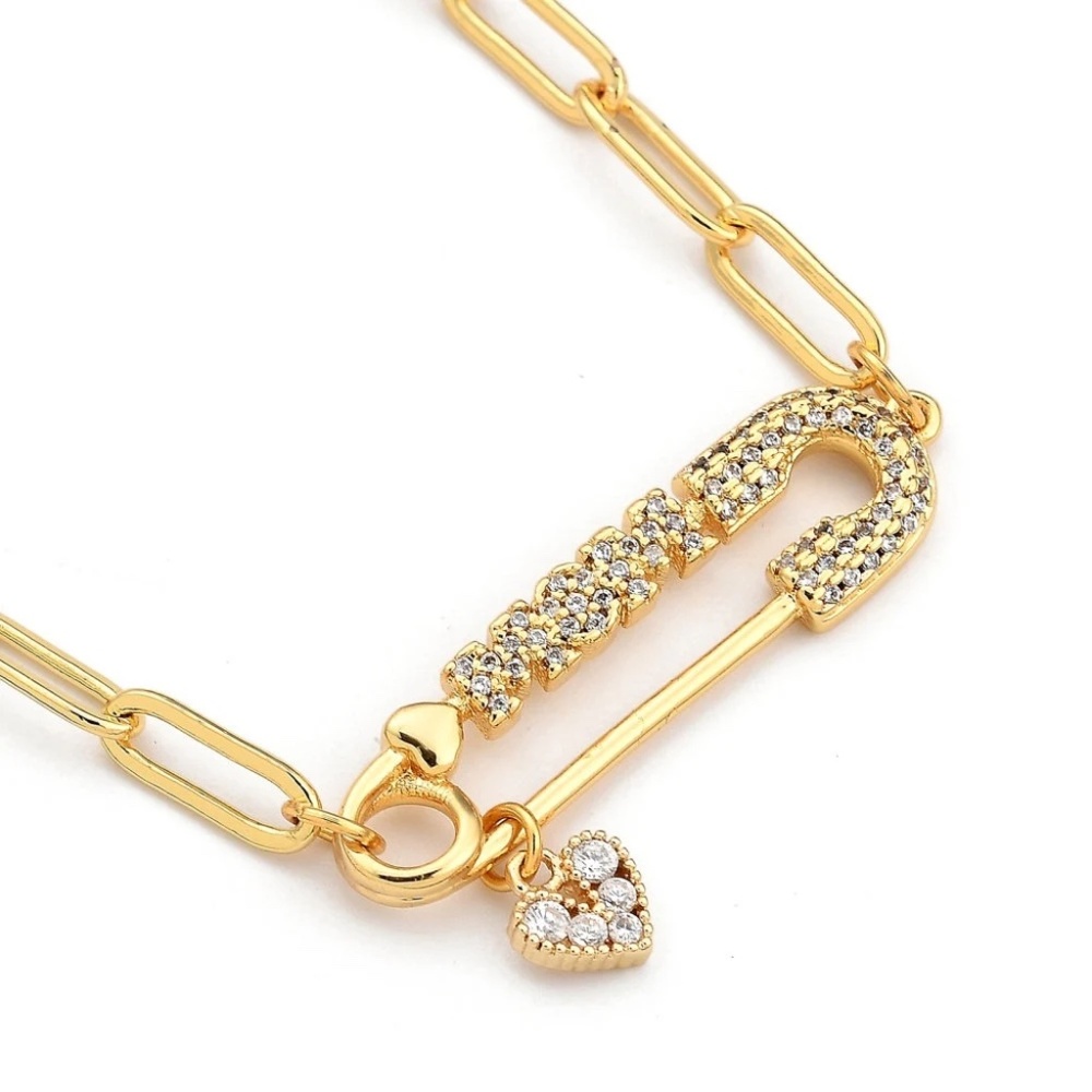 Gold Mom CZ Safety Pin Dangling Heart, Paperclip Chain Necklace